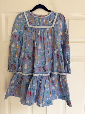 Mini Boden Light Blue Bunny & Floral Print Long-Sleeve Dress